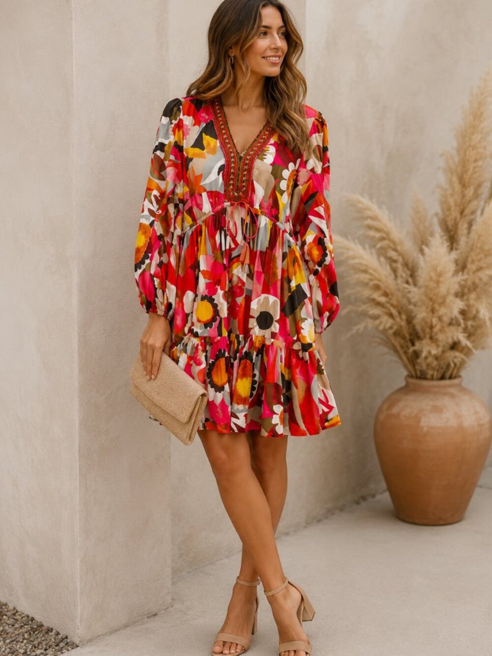 KAKTUS Embroidered Boho Floral Mini Dress Vibrant Long Sleeve XL